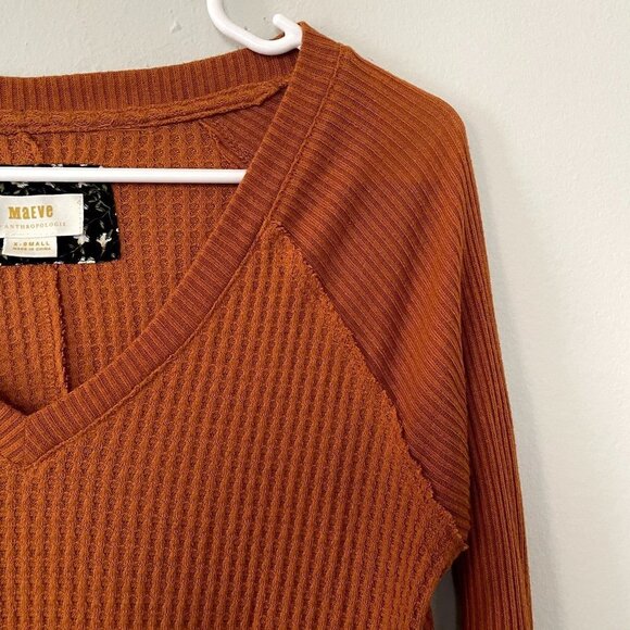 Anthropologie Maeve orange v-neck sweater waffle knit casual rayon spandex - Picture 2 of 5